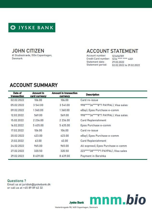 Dania Jyske Bank statement xls